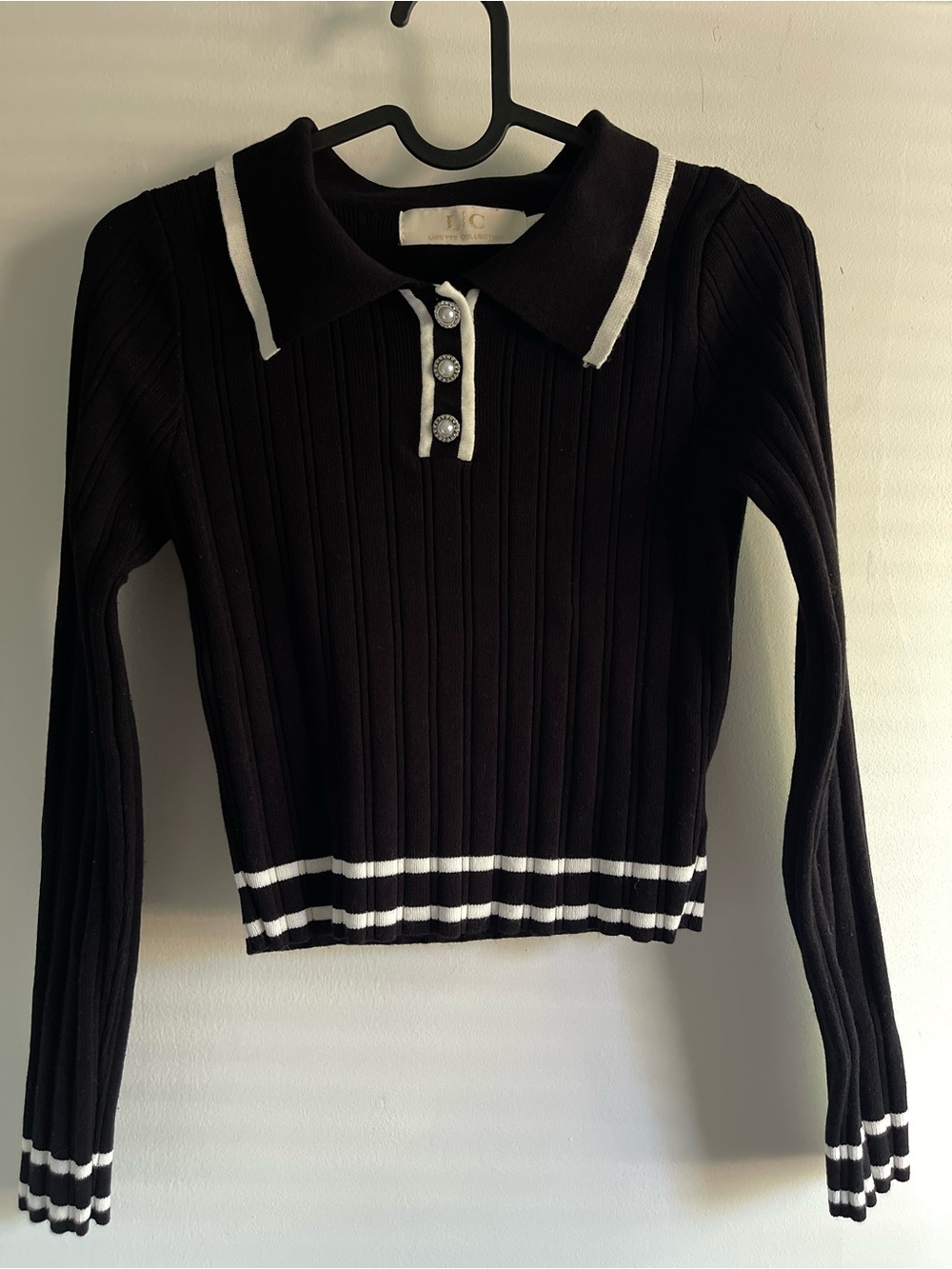 Lizette Collection Black Cropped Ribbed Polo Knit Top Old Money Preppy Tennis